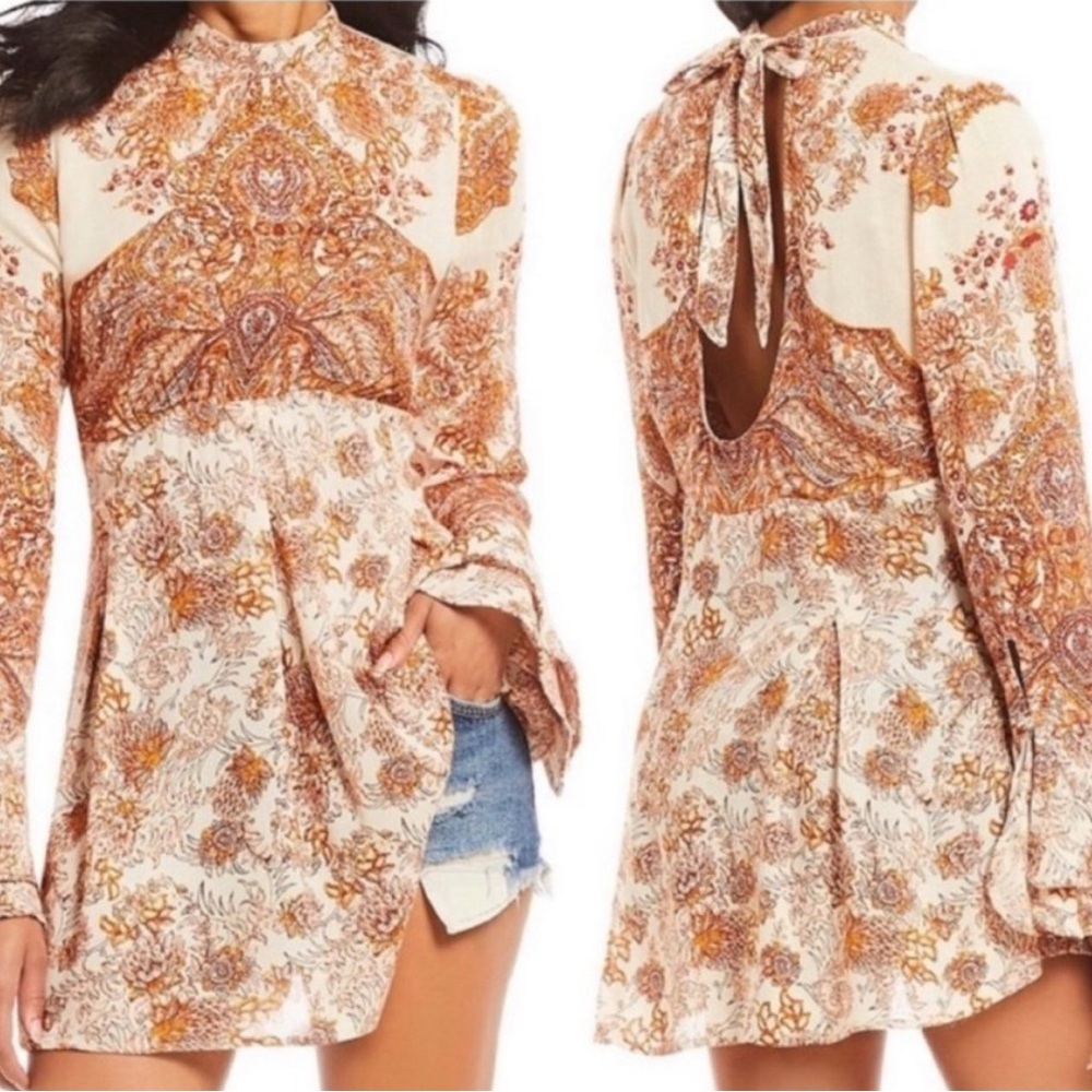 FREE PEOPLE Lady Luck
Tunic Dress Rust Ivory Open Back
Tie Long Sleeve